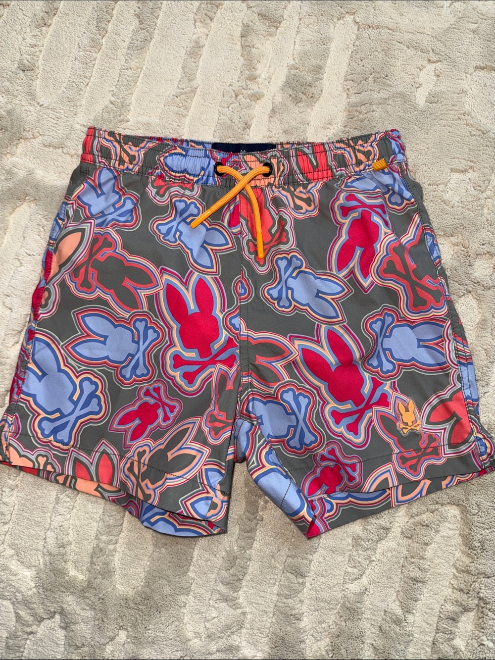 Psycho Bunny Gray Swim Trunks with Red and Blue Bunny Graphic XS 5/6 worn once